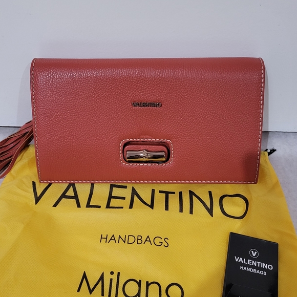 Authentic Valentino Mario Large Clutch shoulder leather bag crossbody Orange - Picture 4 of 17